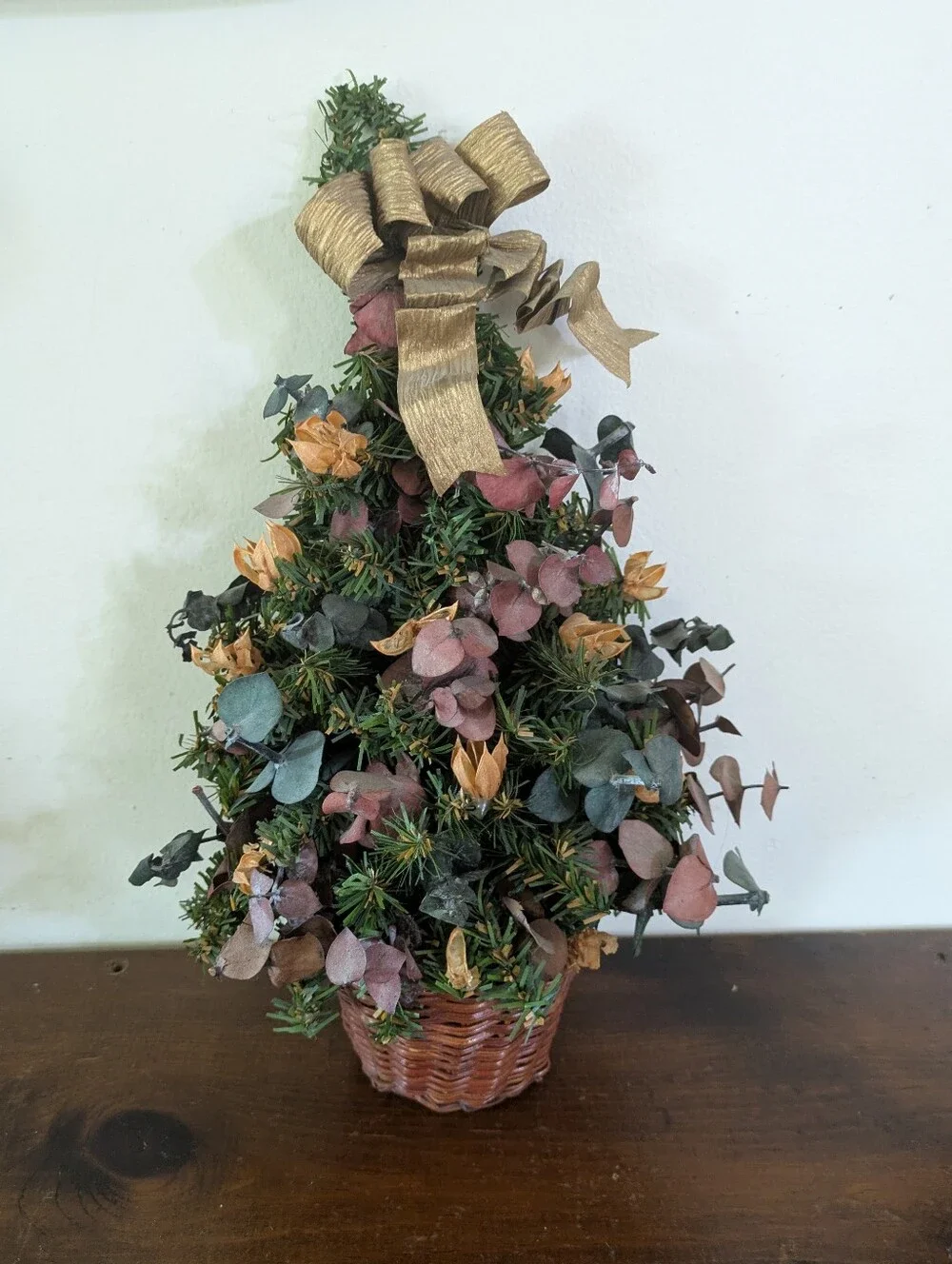 Vintage Tabletop Dried Floral Christmas Tree Basket Cottagecore Boho Decor